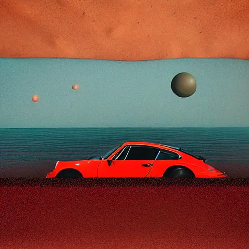 Image similar to porsche 9 1 1, australian beach, red sand, otherworldly science fiction surrealism landscapes. waves. dust. stars. by chris mars.