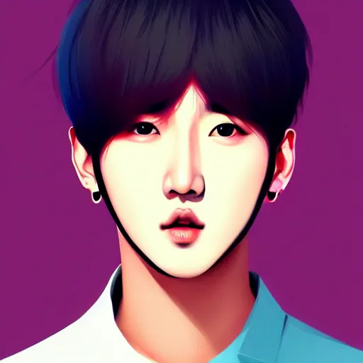 Image similar to K-pop idol Changbin, muted colors, matte print, pastel colors, 2d, ultra highly detailed, smooth, sharp focus, digital art, digital painting, fan art, elegant, artstation, head is centered, by Ilya Kuvshinov