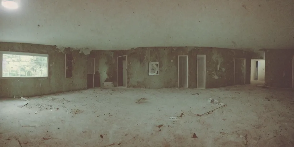 Prompt: a weird place, house, playground, office, pool, interior, room full of people but now empty with eerie feeling, disposable colored camera, camera flash, unusual place, unsettling, kids place