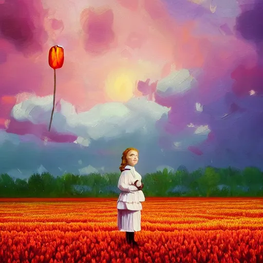 Image similar to dutch girl with singular giant tulip as a head, surreal photography, flower field, sunset dramatic light, impressionist painting, colorful clouds, blue sky, digital painting, artstation, simon stalenhag