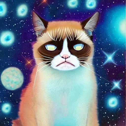 Image similar to Grumpy cat bathing in the opalescent cosmos, his worries melting away leaving a slight smirk on relaxed face, surrounded by stars and fancy feast, his decadence knows no bounds, he is grumpy no more