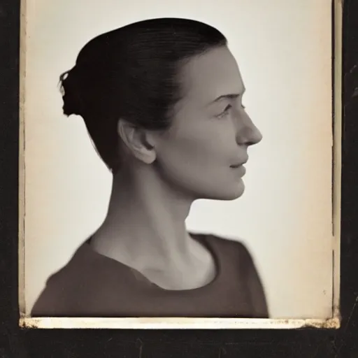 Prompt: computer art of a woman's face in profile. She has high cheekbones, a strong jawline, and her hair is pulled back away from her face. She stares out at the viewer with a slight smile, her eyes half-lidded and her lips parted. There is a sense of calm and serenity about her. Sabattier effect, tintype by Emek Golan, by Virginia Frances Sterrett lifelike