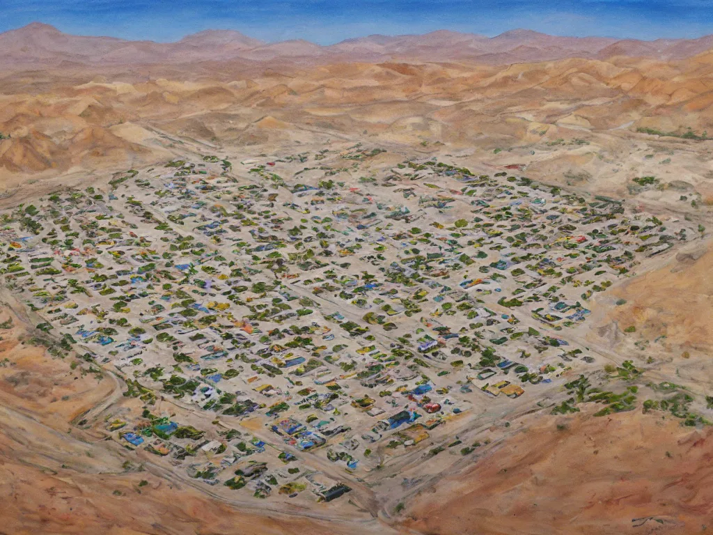 Image similar to landscape, bird view, large Trailer park in the desert near the oasis with a reservoir and rednecks, painting by Alison Elizabeth Taylor