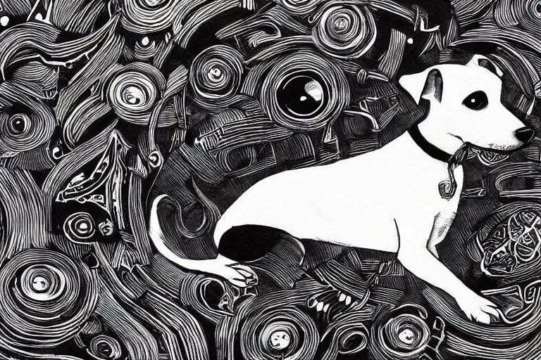 Image similar to cute black and white jack russel terrier laying on dog bed, large round eyes, concept art, fantasy illustration, sketch by victo ngai and diego gisbert llorens