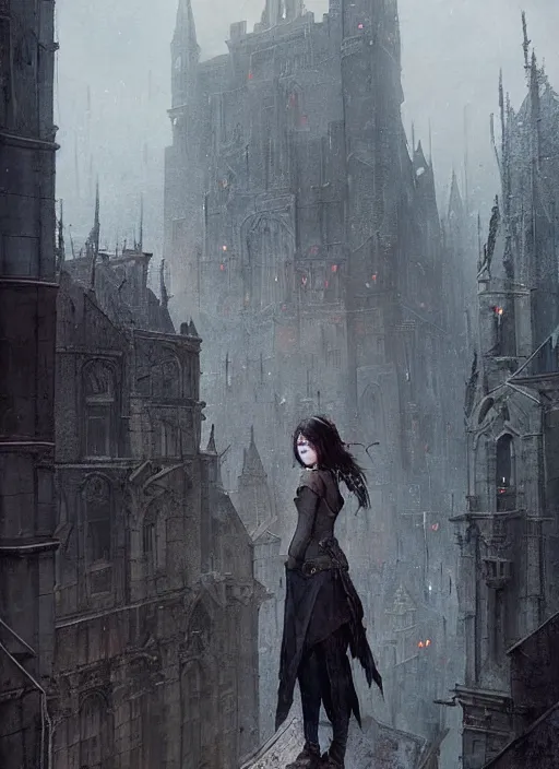 Prompt: a teenage girl with short dark hair and a tattered grey cloak. she stands on top of a building in a gothic fantasy city. beautiful painting by greg rutkowski