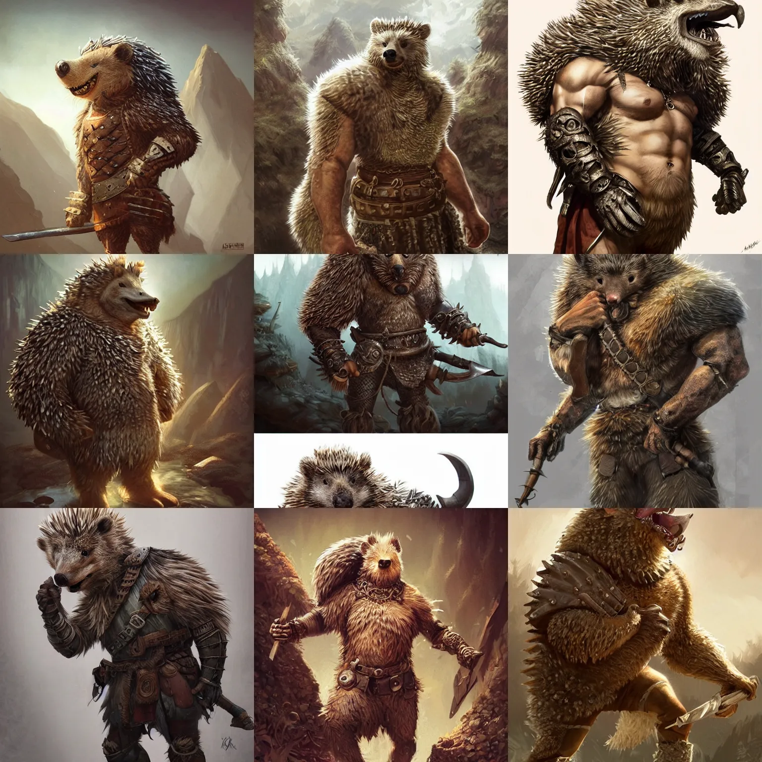 Prompt: anthropomorphic rugged hedgehog!!! oversized barbarian furry muscular armored upper body long hair, 👅 👅 , D&D, fantasy, intricate, elegant, highly detailed, digital painting, artstation, concept art, smooth, sharp focus, illustration, art by artgerm and beeple and greg rutkowski and alphonse mucha