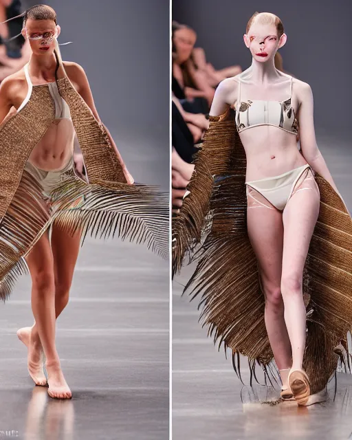 Prompt: multi panel storyboard of olivia wearing an outfit made of palm leaves, runway model at new york fashion week, sporty physique, black hair, freckles, pale skin, multiple angles, photo by greg rutkowski, stage lighting, soft colors, female beauty, intricate detail, elegance, 3 5 mm, depth of field, masterpiece