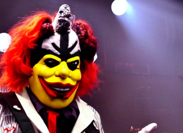 Image similar to publicity photo still of ronald mcdonald wearing a slipknot mask touring with slipknot live on stage, 8 k, live concert lighting, mid shot