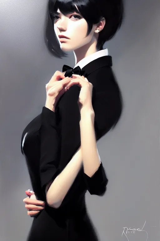 Prompt: a ultradetailed beautiful portrait panting of a stylish woman wearing a black tuxedo, oil painting, by ilya kuvshinov, greg rutkowski and makoto shinkai, trending on artstation
