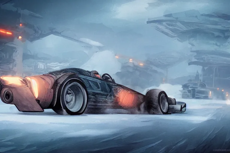 Prompt: dieselpunk digital illustration of mad max mclaren f 1 speeding across a frozen lake in a blizzard by makoto shinkai, ilya kuvshinov, lois van baarle, rossdraws, basquiat