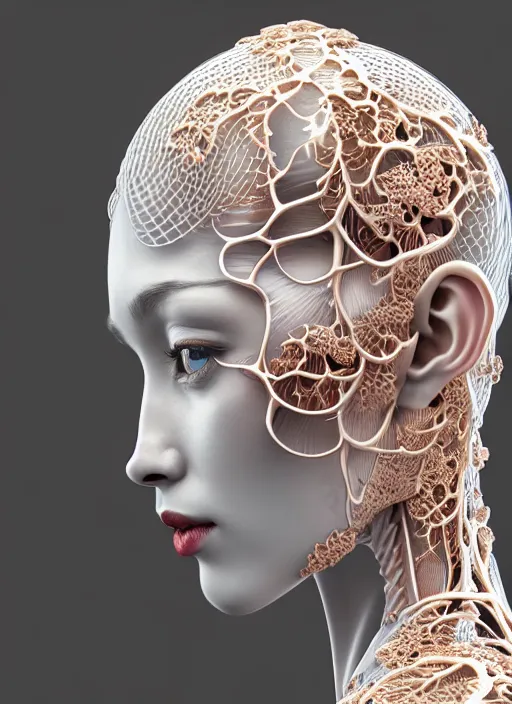 Image similar to complex 3d render ultra detailed of a beautiful porcelain translucent profile woman face, biomechanical cyborg, 150 mm, beautiful natural soft light, rim light, silver gold details, magnolia big leaves and stems, roots, fine foliage lace, maze like, mesh wire, intricate details, hyperrealistic, ultra detailed, mandelbrot fractal, anatomical, red lips, white metal neocubism armor, facial muscles, cable wires, microchip, elegant, green eyes, octane render, H.R. Giger style, 8k