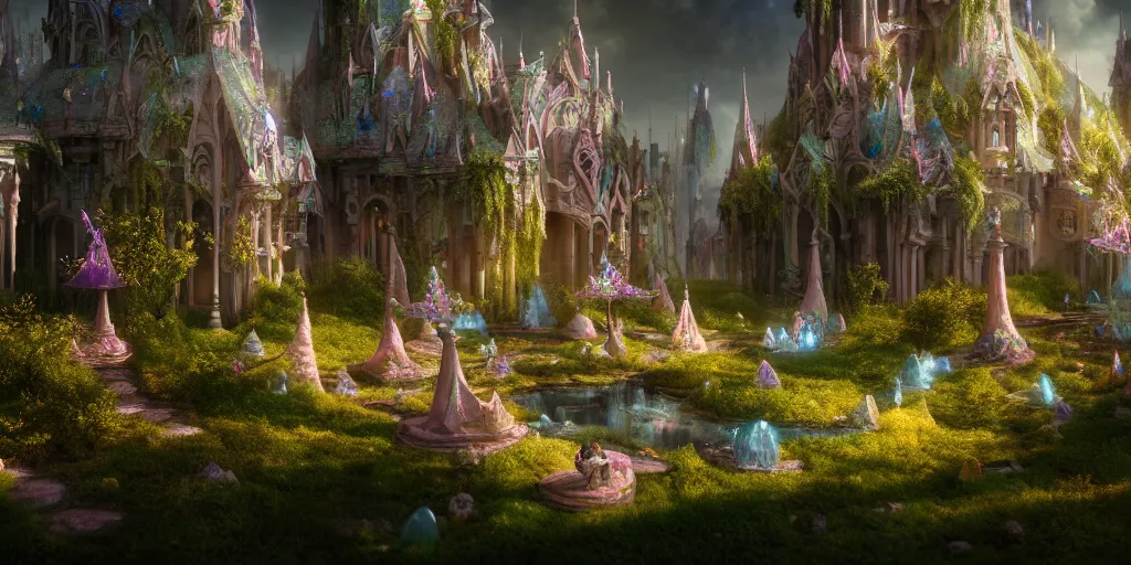 Image similar to in an ethereal magical fairy city, highly detailed, 8 k, hdr, award - winning, octane render, artstation, volumetric lighting