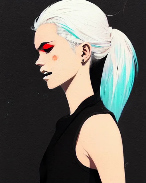 Image similar to a ultradetailed beautiful painting of a stylish woman in a black tanktop, she has white hair in a ponytail, by conrad roset, greg rutkowski and makoto shinkai trending on artstation