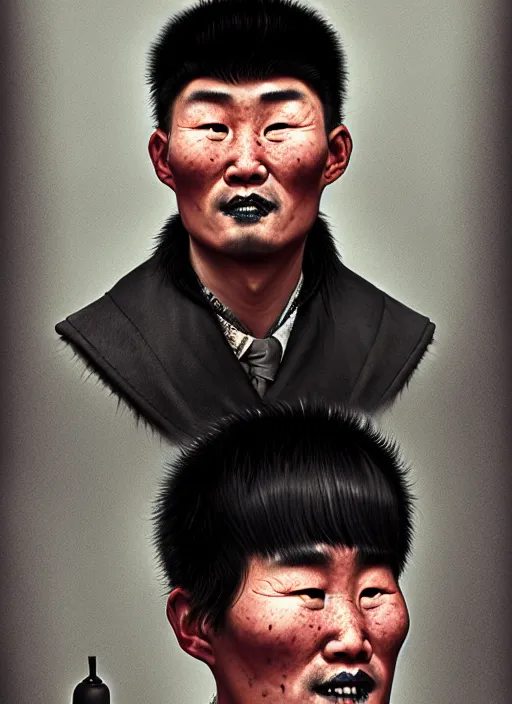 Image similar to portrait of a mongolian man with a crooked nose and a confident expression, 1 9 6 0 s, black clothes, goth, punk, brightly coloured hair, funk, intricate, elegant, highly detailed, digital painting, artstation, concept art, smooth, sharp focus, illustration, art by wlop, mars ravelo and greg rutkowski
