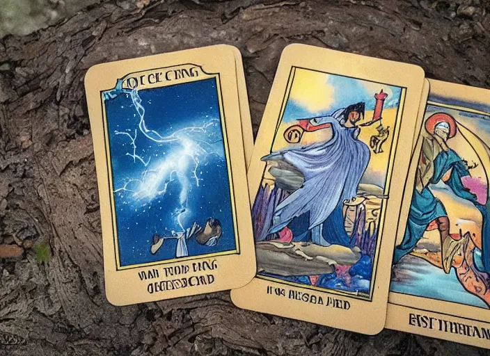 Prompt: floating tarot cards being cast from a magical storm