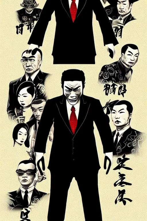 Image similar to chinnese mafia, with black suit, some of them have myth china tatto. digital art, concept art, pop art, bioshock art style, accurate, detailed, gta chinatown art style, dynamic, face features, body features, ultra realistic, smooth, sharp focus, art by richard hamilton and mimmo rottela