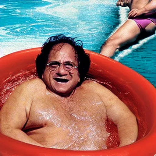 Prompt: danny devito waterslide fun movie still