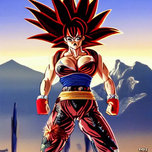 Image similar to Muscular ultraviolent woman, wild spiky black Saiyan hair, electrified hair, chrome armor, heavy chestplate armor, black spandex, holding jagged scimitar, palm trees, red sky, destroyed mountains, chrome military base, 1987 video game boxart, pulp art, hyper-detailed