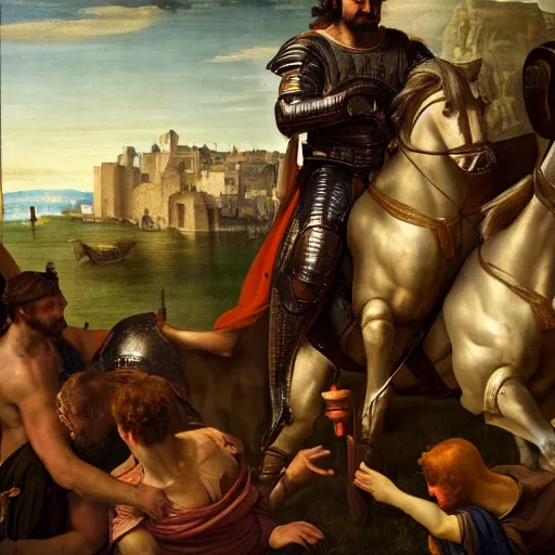 Prompt: renaissance painting of oscar isaac in armor playing achilles, ancient city in background, ultra detailed, movie poster, in the style of leonardo davinci