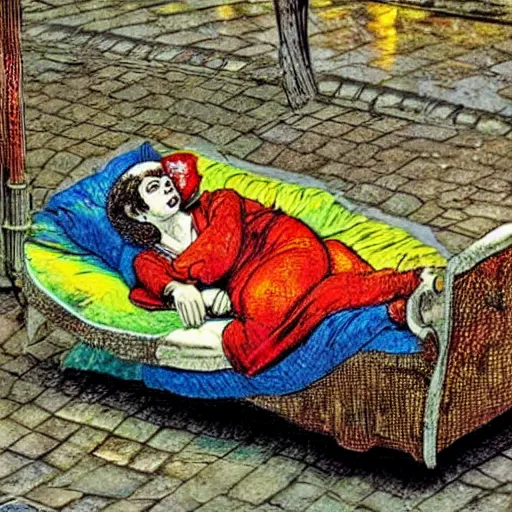 Image similar to by randolph caldecott chromatic aberration terrifying. a street art of a woman reclining on a bed.