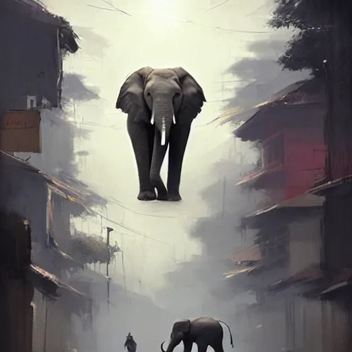 Image similar to An elephant walking down a street in Guwahati city. By Greg Rutkowski, trending on ArtStation