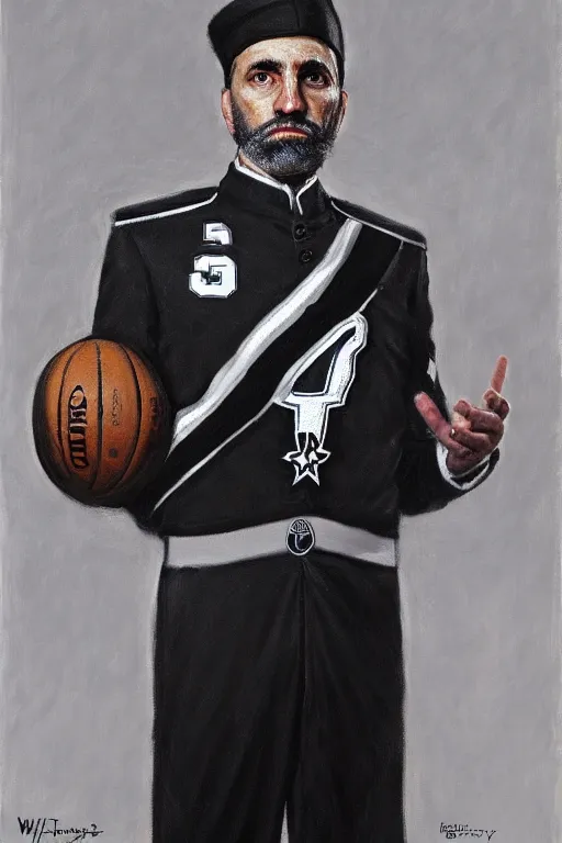 Image similar to full body portrait of the dictator of the san antonio spurs, 1 8 8 9, in full military garb, silver, black, white, greg popovich, oil on canvas by william sidney mount, trending on artstation