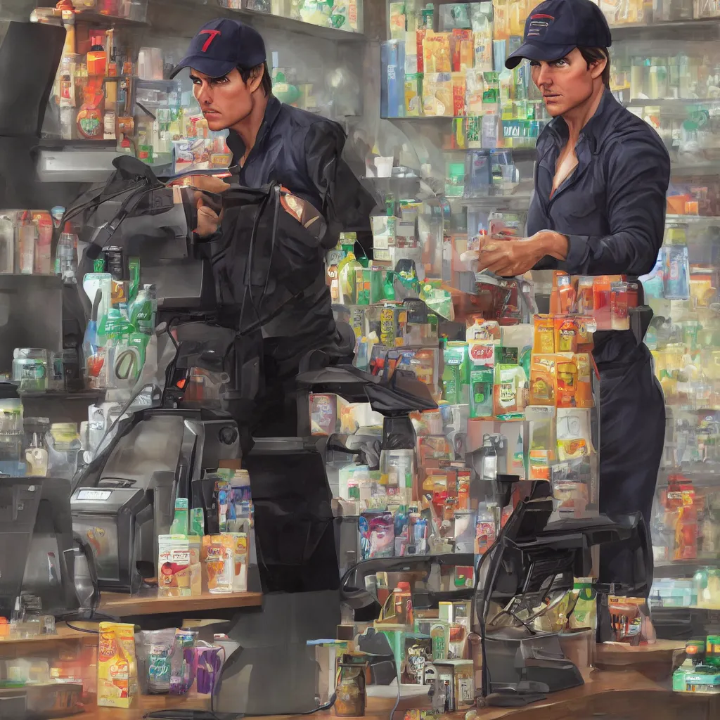 Image similar to Tom Cruise working as a 7/11 cashier, artstation, accurate, 8k, HD