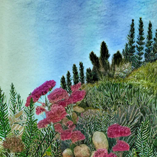 Image similar to delicate coastline mountain garden on paper, stony, puffy, botanical herbarium, botanic watercolors, iridescent, 8 k wide angle, realistic shaded, fine details, artstation, italian, rainbow, colonnade, oak, pinecone, pomegranade, vines, gardena architecture, pompeian, sicilian