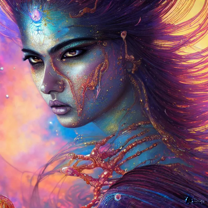 Prompt: ultra detailed stunning digital painting of a angry indian anime girl, chrome metal skin, covered in a sea of iridescent liquid, lost in a dreamy oriental realm by Karol Bak, Moebius, hiroshi yoshida, Druillet, xsullo, colorful, front view, vivid colors, 8k, coherent, anime vibes, uplifting, magical composition, artstation, synthwave, 8k, coherent, artgerm, uplifting, unreal engine, magical composition, artstation