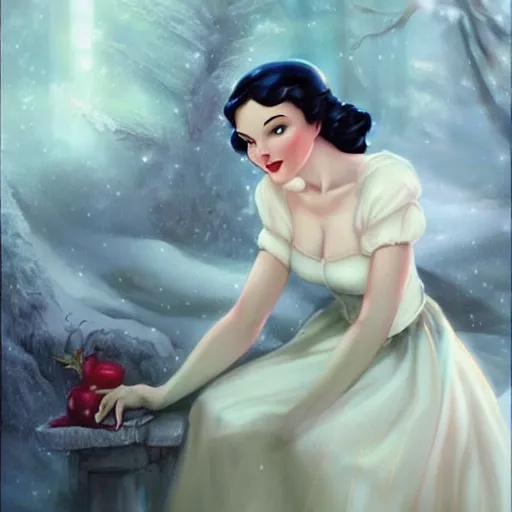 Image similar to a pinup of beautiful snow white by charlie bowater and anna dittmann and gil elvgren.