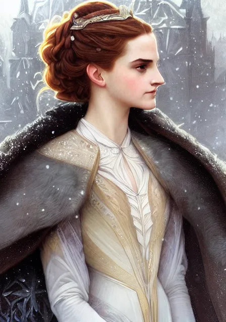 Image similar to sansa emma watson snow queen, intricate, elegant, highly detailed, digital painting, artstation, concept art, smooth, sharp focus, illustration, art by artgerm and greg rutkowski and alphonse mucha and william - adolphe bouguereau