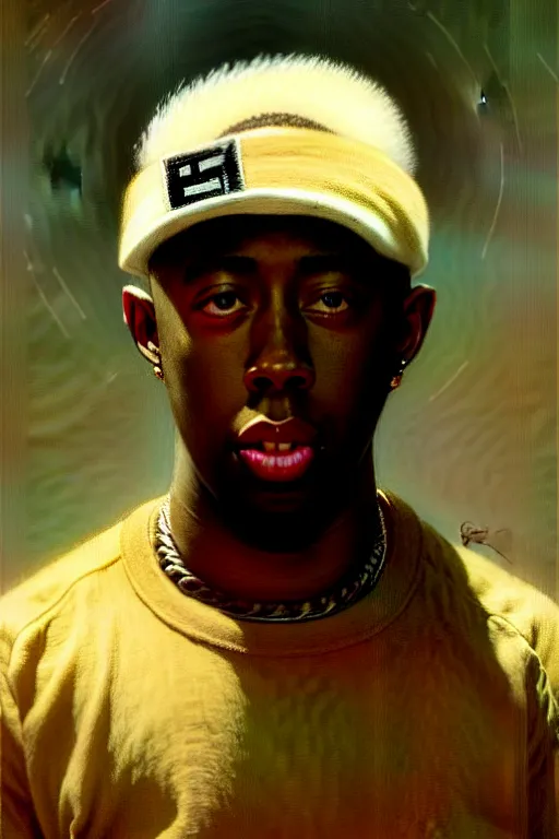 Prompt: tyler the creator by gaston bussiere bayard wu, greg rutkowski, giger, maxim verehin