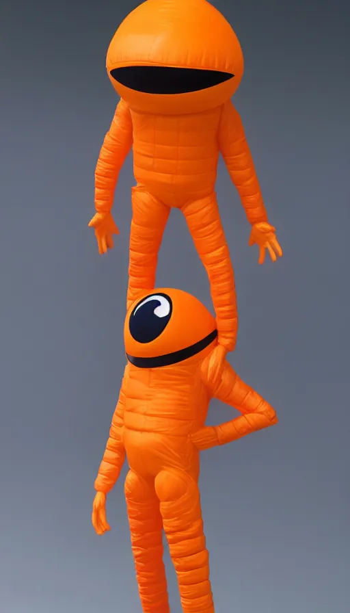 Prompt: still slander figurine of a tall giant inflated space man action figure wearing over sized orange puffy bomber jacket, long bendy arms and legs, googly eyes, tareme eyes, small head, personification, dynamic pose, detailed product photo, tone mapped, beautiful composition, 8 5 mm, f 5. 8, soft lighting