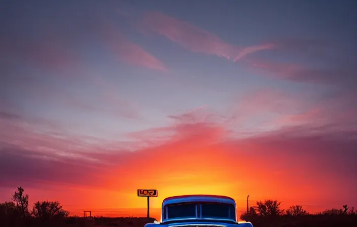 Image similar to a sunset light landscape with historical route 6 6, lots of sparkling details and sun ray ’ s, blinding backlight, smoke, volumetric lighting, colorful, octane, 3 5 mm, abandoned gas station, old rusty pickup - truck, beautiful epic colored reflections, very colorful heavenly, softlight