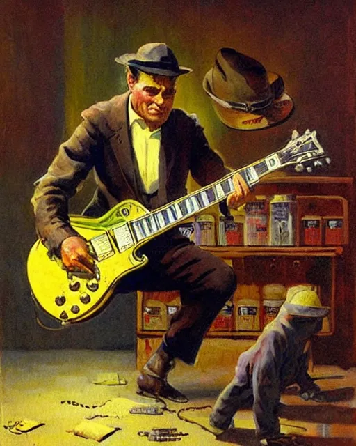 Image similar to Snake Oil salesman shredding on a Gibson Les Paul in a snake oil warehouse, painting by Frank Frazetta