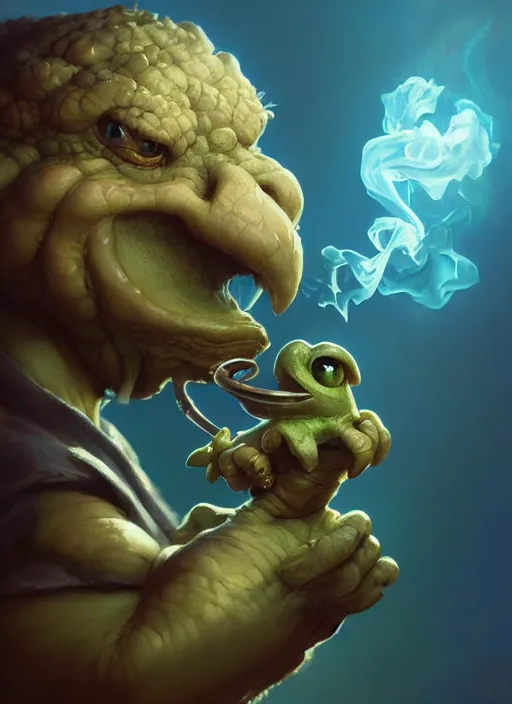 Image similar to cute kappa smoking a pipe, subsurface scattering, by jesper ejsing, justin gerard, tomasz alen kopera, cgsociety and fenghua zhong, highly detailed, rim light, cinematic lighting, illustration, art, octane render, very coherent, cinematic, hyper realism, high detail, octane render, 8 k