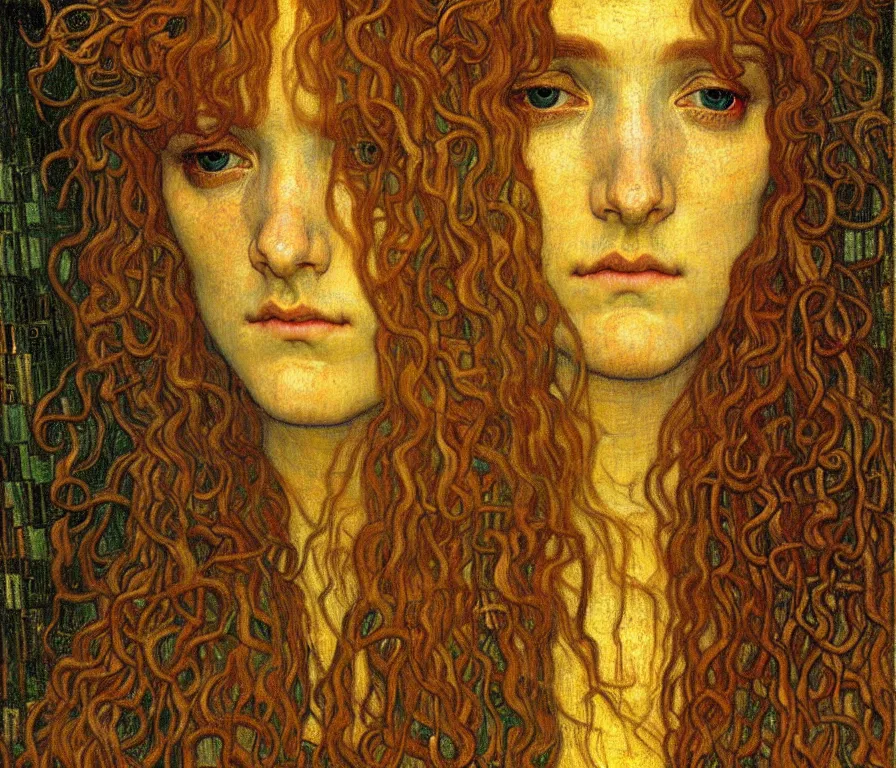 Image similar to detailed realistic beautiful young medieval queen face portrait by jean delville, gustav klimt and vincent van gogh, art nouveau, symbolist, visionary, gothic, pre - raphaelite, muted earthy colors, desaturated