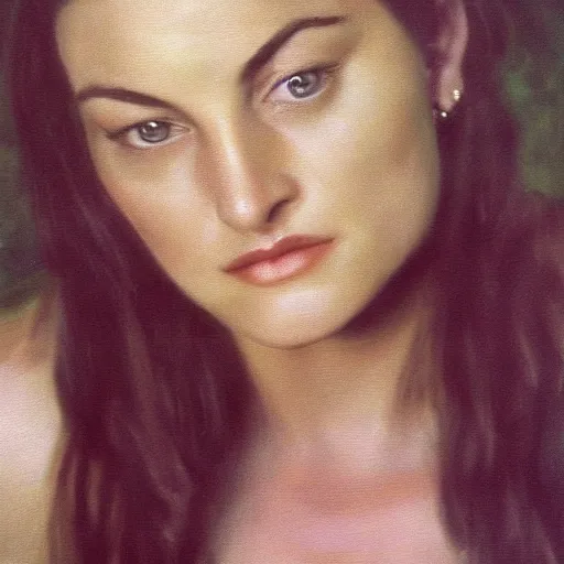 Prompt: a young Mädchen Amick as she appeared in Twin Peaks as Goddess of gems looking at you intensely with seductively serious eyes while wearing a head covering. ultra detailed painting at 16K resolution and epic visuals. epically surreally beautiful image. amazing effect, image looks crazily crisp as far as it's visual fidelity goes, absolutely outstanding. vivid clarity. ultra. iridescent. mind-breaking. mega-beautiful pencil shadowing. beautiful face. Ultra High Definition.