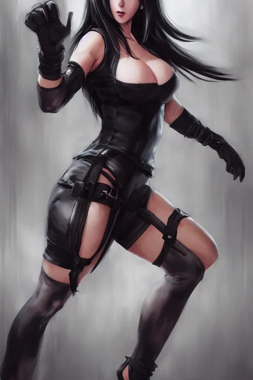 Prompt: tifa lockhart, strappy dress, wolford tights, stilettos, art by artgerm and greg rutkowski, portrait, highly detailed, digital painting, trending on artstation, concept art, sharp focus, illustration