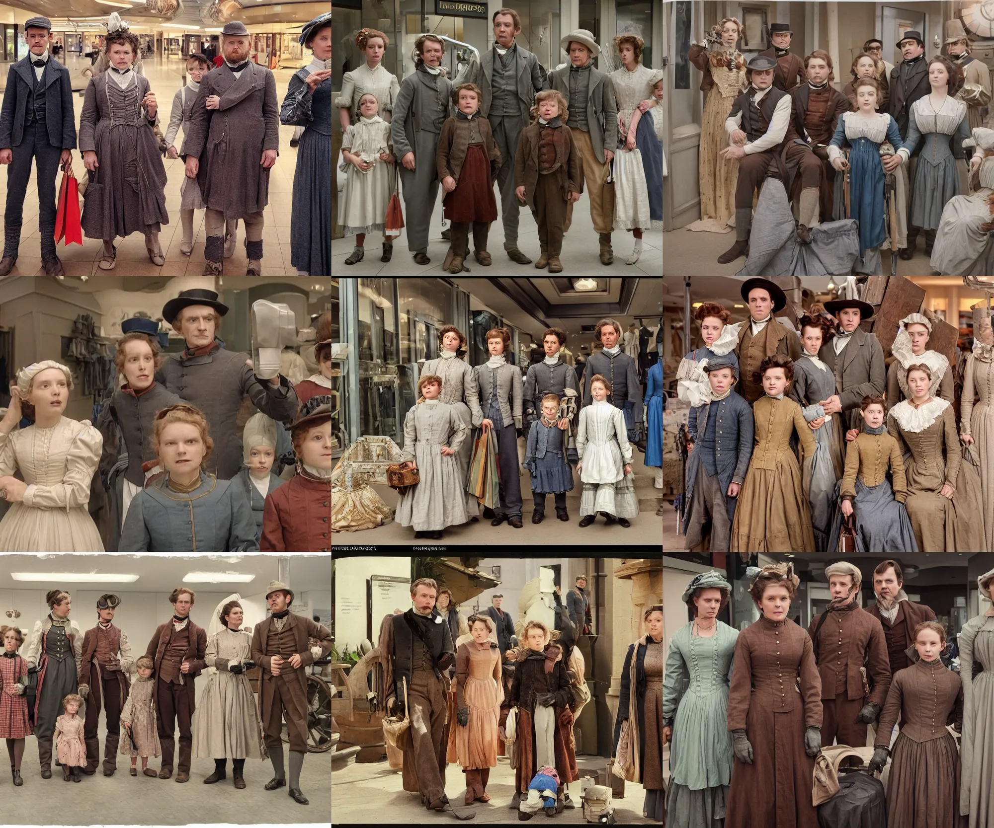 Prompt: sharp, highly detailed, 8k film, 105mm film, high quality frame scan from a sci fi blockbuster color movie made in 2019, a family of four time travelers from 1860 travel in time to 2019, appearing in a shopping mall, looking surprised, the family are all wearing 1860s era clothes, good lighting, in focus, cinematic still, high quality scan, in focus, 35mm macro lens, oscar winner, award winning lighting, award winning photography