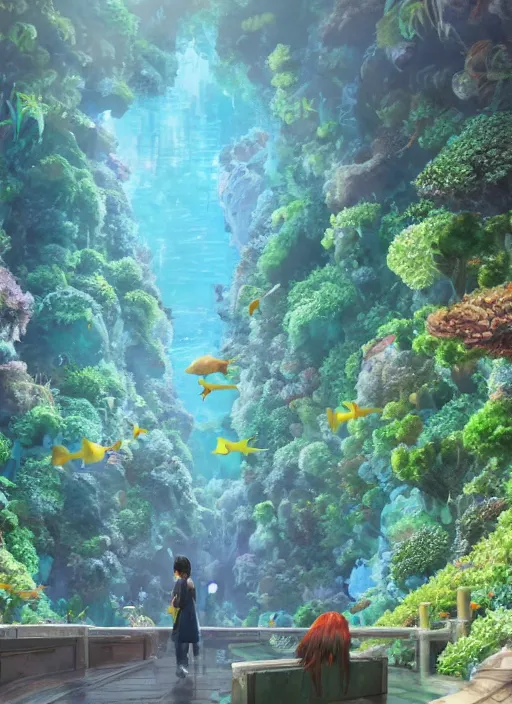 Image similar to an underground aquarium corridor with people observing lots of beautiful fish, fantastic space, water droplets, highly detailed, artstation trend, highly detailed and intricate, studio ghibli, makoto shinkai, no blur, photography, unreal engine 5