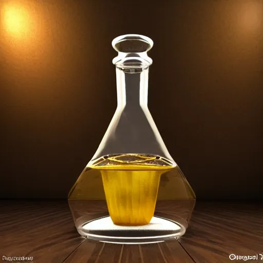 Image similar to transparent ancient magical potion flask engraved stallion, raytracing, caustics, 3d rendering, unreal engine, iray, vray, keyshot