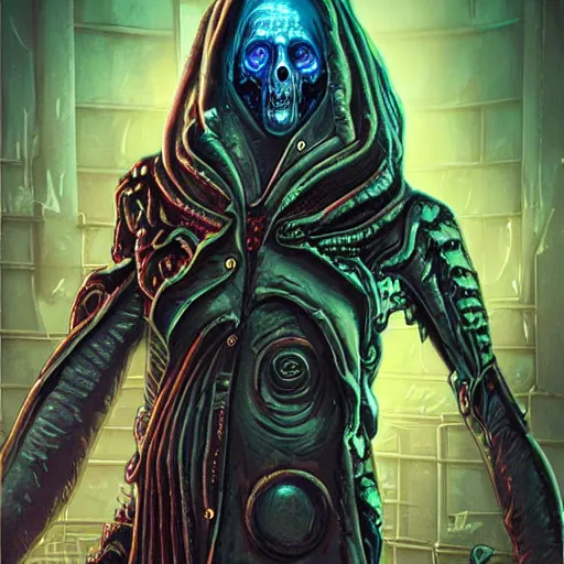 Image similar to cyberpunk undead lich ilithid mindflayer playing synthesizers, honeycomb skull structure, D&D, highly detailed, realistic, technology and magic,