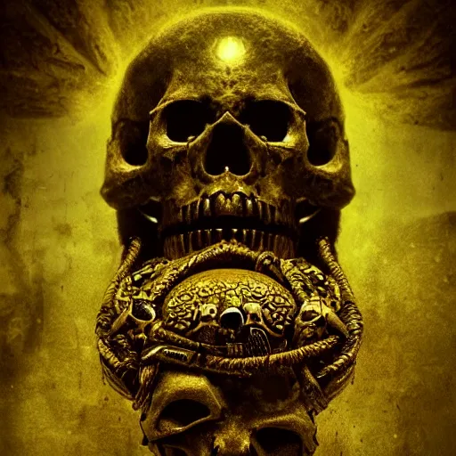 Image similar to a golden runic skull intricately decorated with ancient runic inscriptions and prophecies. dark ominous chiaroscuro baroque still life style. dramatic lighting, ultra detailed, unreal engine 5 by beksinski, billelis. ominous darkness background. weirdcore