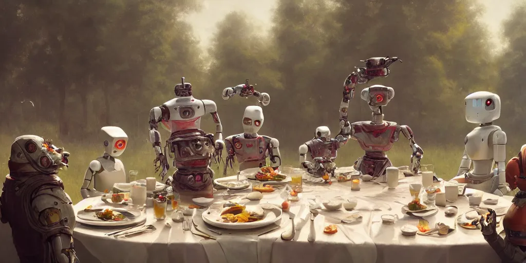 Prompt: a table dinner of robots where robots are dressed like the characters from the midsommar movie, sharp focus, wide shot, trending on artstation, masterpiece, by greg rutkowski, by ross tran, by fenghua zhong, octane, soft render, ultrarealistic, colorful, cinematic