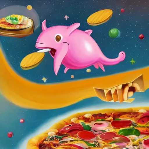 Image similar to highly detailed concept art in of a happy little pink dolphin flying through space eating pizza and cheese, where the planets are candy, hd, trending on artstation