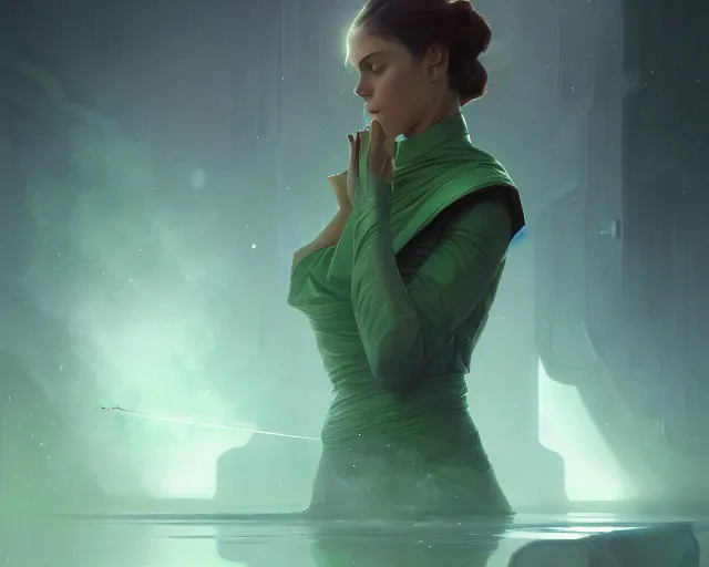 Image similar to photography of cade skywalker, deep focus, science fiction, star wars legends, green mist, intricate, elegant, highly detailed, digital painting, artstation, concept art, matte, sharp focus, illustration, art by artgerm and greg rutkowski and alphonse mucha