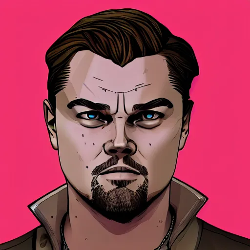 Image similar to leonardo dicaprio portrait, borderlands, tales from the borderlands, the wolf among us, comic, cinematic lighting, studio quality, 8 k