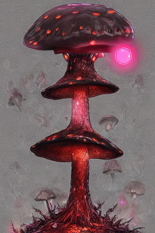 Image similar to a mushroom monster with large glowing eyes, highly detailed, digital art, sharp focus, trending on art station, fungus spores, anime art style