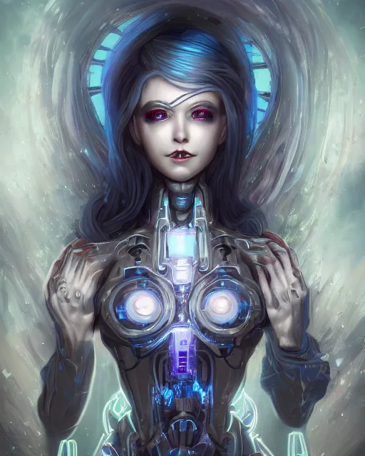 Image similar to holy cyborg necromancer girl, elegant, scifi, futuristic, utopia, garden, atmosphere, white hair, blue eyes, extreme detail, glow, intricate, full of colour, cinematic lighting, trending on artstation, detailed, 4 k, art by martin dubeau